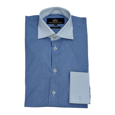 Blue Graph Check with contrast white collar and  cuffs